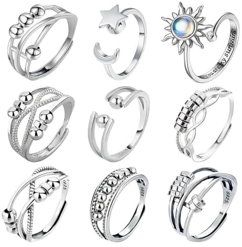 PacuM 9 stycken ångestringar justerbar stapelbar anti-stress ring | Anti-stress ring stressring för kvinnor dotter födelsedagsfest presenter lugn spinning smycken gåvor silver