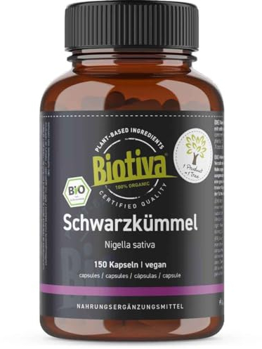 Biotiva Schwarzkümmelpulver Bio 150 Kapseln - 600mg je Kapsel - Ägypten - Nigella sativa - 100% vegan - abgefüllt und kontrolliert in Deutschland (DE-ÖKO-005)