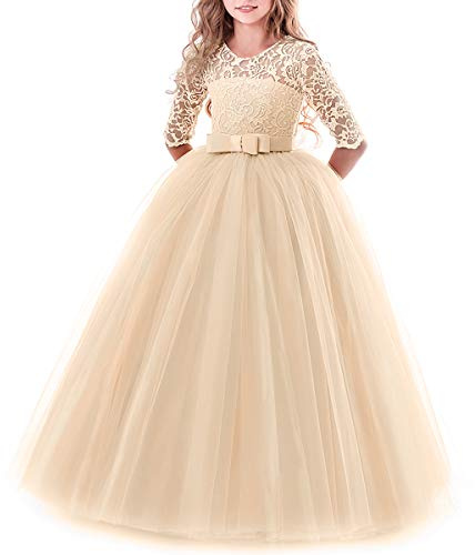 Vestido de niña de Flores para la Boda Princesa Largo Manga Vestidos de Dama De Honor Fiesta Tul Comunión Cumpleaños Bola Pageant Paseo Baile Maxi Cóctel Fotografía Vestir champán 11-12 Años