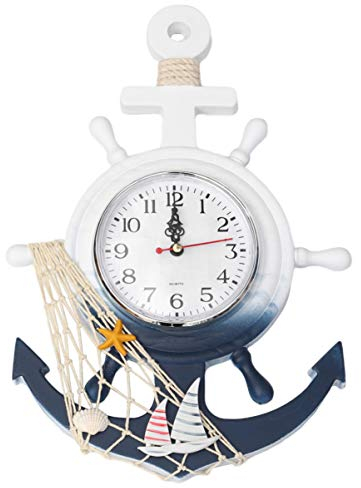VOSAREA Maritime Holz Anker Wanduhr mit Segelboot Vintage Rustikale Nautische Meer Wandkunst Ornament Steuerrad Quarzuhr für Kinder Wohnzimmer Schlafzimmer Wandhänger Dekoration
