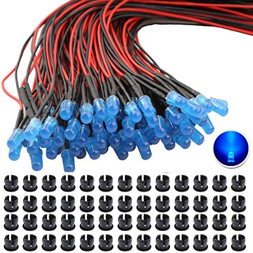 RUNCCI-YUN 65 st blå DC 12 V förkopplat ljus, 5 mm lysdioder med 20 cm kabel, förkopplade LED-dioder ljus, 12 V LED blå 65 st 5 mm plast LED monteringslåg