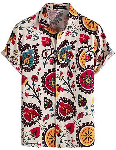 LucMatton Men's Linen 70s Hippie Style Floral Print Shirt Short Sleeve Button Down Hawaiian Shirts Beige Large