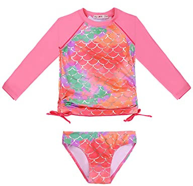 weVSwe Badeanzug Mädchen Langarm Kleinkind Zweiteiler UV Schutz Rash Guard UPF 50+ Bademode Schleifenknoten Rosa Fischschuppen 3-4 Jahre