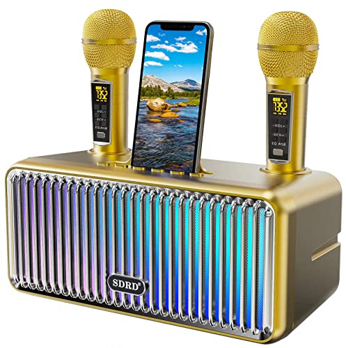 Karaoke Maschine für Erwachsene und Kinder, tragbare Bluetooth Lautsprecher mit 2 UHF drahtlose Mikrofone Karaoke Lautsprecher pa System mit bunten Farbverlauf LED-Leuchten für Home Partys-Gold
