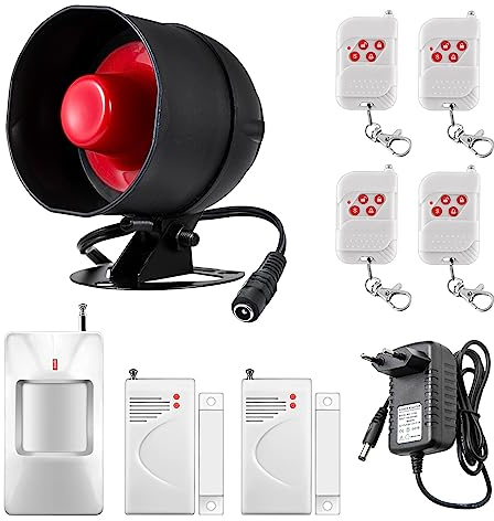 Alarmanlage Haus für Innen- und Außenbereich, Wetterfest, 115 dB Sirene mit Türfenstersensor, Bewegungsmelder und Alarm Fernbedienung, für Zuhause, Wohnung, Garage, Geschäft