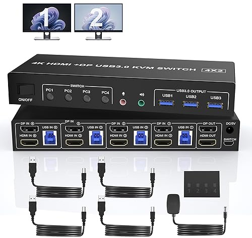 USB 3.0 Displayport+HDMI Dual Monitore KVM Switch für 4 PCs, 4K 60Hz KVM Switch 4 PC 2 Monitore, mit Audio Mikrofon Ausgang und 3 USB 3.0 Ports, Dual Monitor KVM Switch HDMI Displayport 4 Port