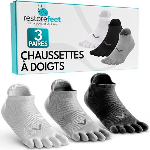 RestoreFeet Calcetines 5 Dedos para Mujer y Hombre (3 Pares) Calcetines Tobilleros de Deporte Barefoot (FR/ES, Letras, S, Regular, Regular, Multicolor)