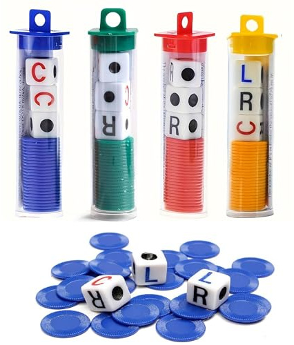 hioseyre 4 Tubes Left Right Center Dice Game, 4 Color Interactive 6 Sided Round Corner Dice Set Fun Games with 12 Dices + 96 Chips for Family Camping Game，dice games