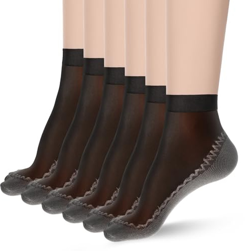 HekouJiub 12 Pairs Ankle Sheer Socks Women Nylon Pop Socks with Anti-Slip Cotton Sole Reinforced Toe Transparent Short Stockings (Black)