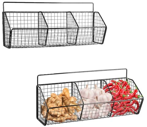 Gzsekken Wall-Mounted Hanging Kitchen Storage Baskets,Metal Storage Baskets with 3 Sections Wire Basket Kitchen No Drilling Adhesive Storage Basket Organiser Rack for Shower Cabinet Door,Black-2 Pack