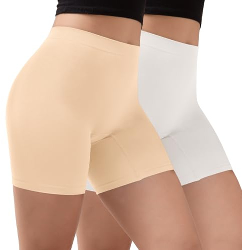 INNERSY Cykelbyxor, dam, korta leggings, under klänning, anti-skavning, boxershorts, sport, underkläder, 2-pack, Beige/vit, M