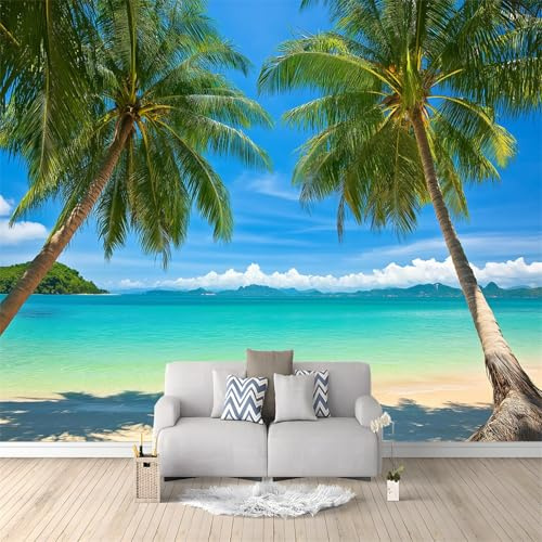 Photo Wallpaper Landscape Tropical Beach Palm Tree Wall Mural, 300 x 210 cm Non-Woven Art Print Fleece Wall Mural Photo Wallpaper Decoration Poster for Living Room Bedroom Home Office, Green Blue