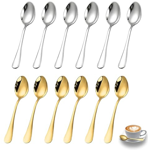 12 Pcs Gold Teaspoons, 0.98 * 4.95in Stainless Steel Teaspoons, Dessert Spoons,Sturdy and Durable,for Home, Restaurant, Hotel, Wedding, Event, Parties (6 Gold, 6 Silver)
