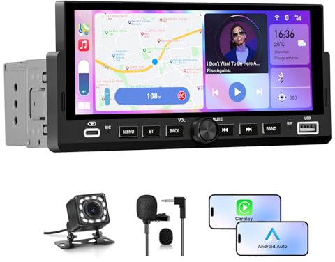 AWESAFE 6.86 Pulgadas 1 DIN Radio Coche Universal con Pantalla Táctil, con CarPlay/AndroidAuto/Admite Carga Type-C/USB/Micrófono/FM/EQ/WiFi/GPS/Bluetooth/USB/SWC y Cámara Trasera