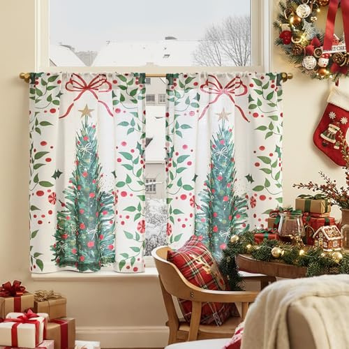 TOPICK Set di 2 tende natalizie da cucina, stile rustico, albero di Natale, 75 x 65 cm, colore bianco