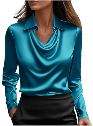Tops for Women Satin Silk Blouse Cowl Neck Long Sleeve Ladies Tshirts Solid Colour Pleated Turndown Collar Fashion Shirts Work Office Elegant Tunic Blouses Casual Tshirt Streetwear