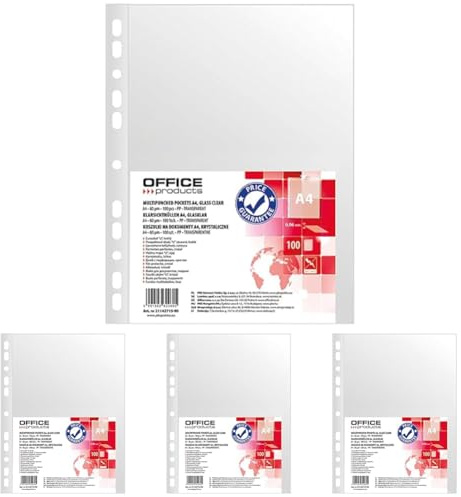 OFFICE PRODUCTS Fundas transparentes para folletos, A4, 100 unidades, apertura superior, fundas transparentes de plástico perforadas, transparente de 60 micras, borde reforzado (Paquete de 4)
