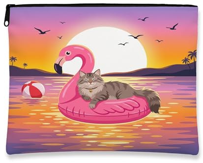 Funny Siberian Cats Makeup Bag, Flamingos Lifebuoys Sea Cosmetic Travel Pouch for Women, Portable Small Canvas Zipper Organizer, Pet Toiletry Bag 7x9 Inch