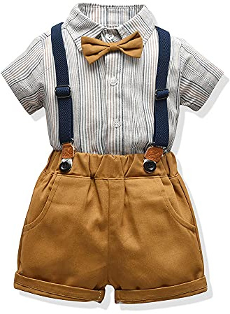 QUNERY Toddler Baby Boy Gentleman Outfits Short Sleeve Bodysuit Shirts Suspender Pants Summer Infant Baby Boy Suits striped yellow 2-3 years
