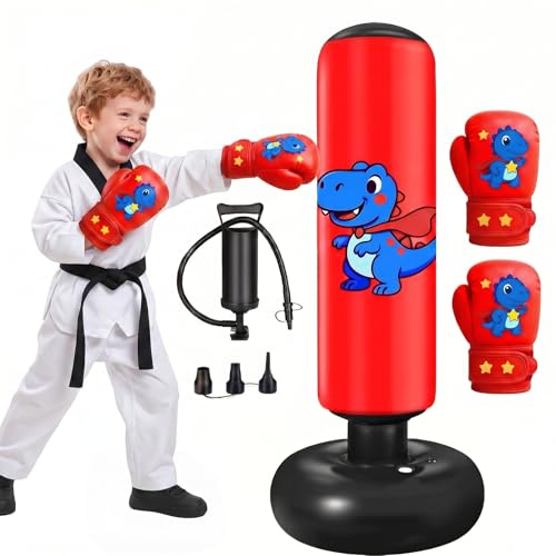 Sac de Boxe pour Enfants, avec Gants de Boxe, 120cm Gonflable Sac de Frappe Enfant Pratique du Karaté, Taekwondo, Cadeaux pour GarçOns et Filles