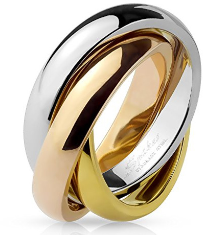 Bague en Acier Inoxydable 3 Tons (Argenté, Doré, Rosé) - 3 Anneaux Entrelacés - Largeur Totale 8mm - Disponible en 5 Tailles.