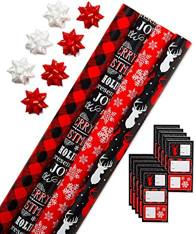 American Greetings Christmas Wrapping Paper, Red and Black Buffalo Plaid Holiday Gift Wrap Set (120 sq.ft., 4 rolls-30 in. x 12 ft., 7 Adhesive Bows, 30 Gift Tag Stickers) Rustic, Snowflakes, Reindeer