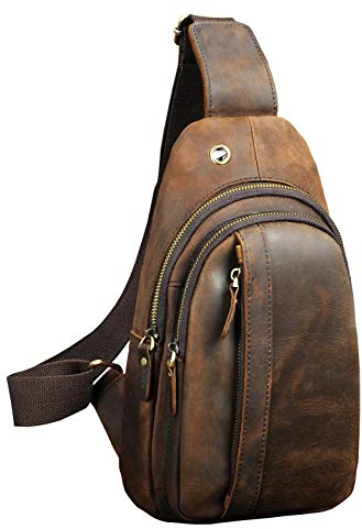 Le’aokuu Herren Echtes Leder Hüfttasche Brusttasche Bauchtsche Crossbody Bag Sling Bag Schultertsche Brustbeutel Für Motorrad Joggen (010 Dunke braun)…