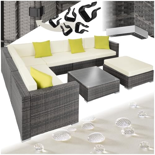 tectake® Salon de Jardin Exterieur Canapé de Jardin en Poly rotin 7 Places Modulable Cadre en Aluminium 6 Fauteuil Jardin 1 Tabouret Pouf 1 Table Coussins Inclus pour Amenagement Balcon Terrasse