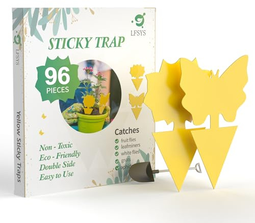 Trampas adhesivas para moscas de la fruta, trampas adhesivas para insectos, paquete de 96 trampas adhesivas amarillas de doble cara con pala para mosquitos, moscas de la fruta, mosca blanca, pulgón,