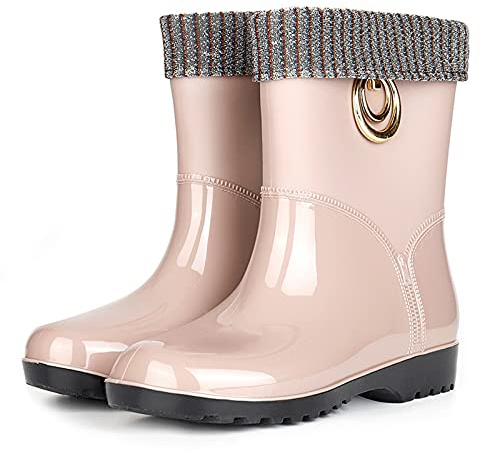 Hmpet l'hiver Femme Bottes,Bottes De Pluie Femme Fantaisie,Botte Caoutchouc Femme,Doublure Amovible,Jardin À Enfiler Talons Plat,Impermeable,Antidérapant,Rose,40