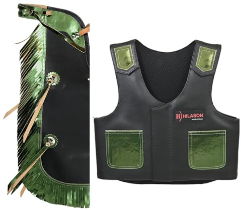 HILASON Junior Youth Bull Riding Pro Rodeo Leather Protective Vest Chaps Black with Green