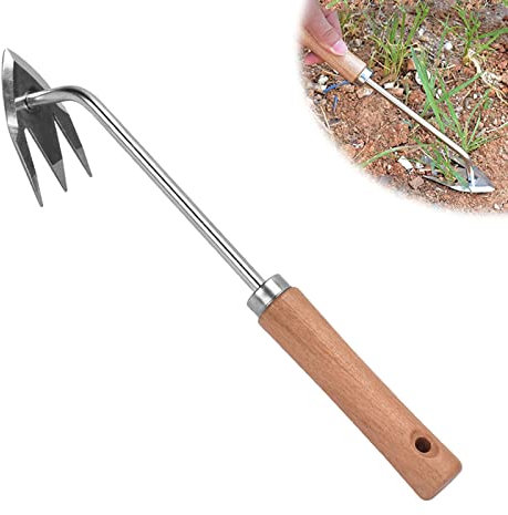 Amposei Multifunktionaler Unkrautjäter aus Edelstahl, Hand-Unkrautentferner, Werkzeug mit langem Griff, V-förmig, leicht, Handjäter für Rasen, Garten, Hof, Bauernland, Unkrautentfernung (Holzgriff)