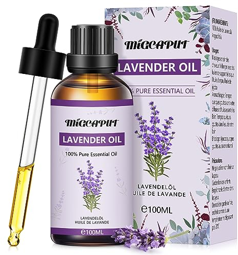 MIGCAPUT Olio Essenziale di Lavanda 100ML, Olio di Lavanda di Grado Terapeutico, 100% Puri Naturale Oli Essenziali di Aromaterapia per Diffusori, Umidificatore, Massaggi, Relax, Aiutare a Dormire