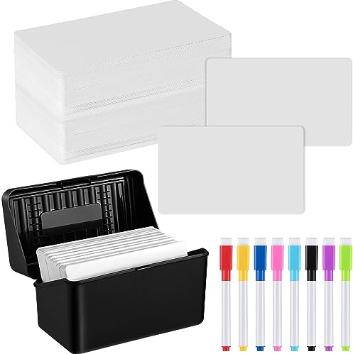 Jetec Index Card Storage, 100 Pcs Blank Dry Erase Index Cards and 8 Dry Erase Markers Black Storage Box, Practical Index Card Organizer Reusable DIY Flash Cards for School Message Notes (3 x 5 Inch)