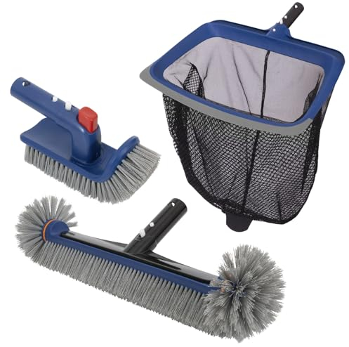 Deluxe Schwimmbad-Reinigungsset inklusive Pool-Skimmernetz mit Gummirand, 44,5 cm Poolbürstenkopf & drehbarer Pool-Scheuerbürste, robustes Pool-Reinigungsset für Innen- und oberirdischen Pool (ohne