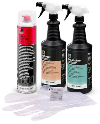 ERRECOM Kit limpieza aire acondicionado, incluye aerosol Power Clean In de 600mL limpieza de unidad interna, Bio Ácido y Bio Alcalino 2L tensioactivos biodegradables limpieza unidad externa, guantes