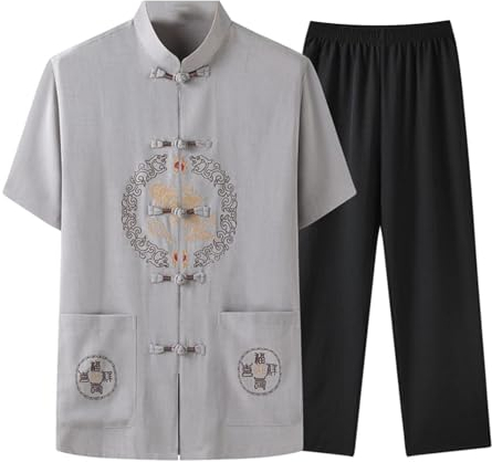 PTATT Herren Kampfkünste Kung fu Uniformes chinesisches traditionelles Drachenmuster Kurzhülle Mantel Tops und Hosen grey-XL