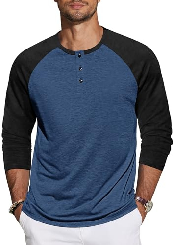 TARAINYA Henley skjorta herr t-shirt för män långärmad tröja herr stretch med knappar smal passform, blå svart, XL