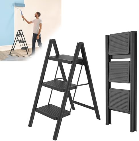 Froadp - Escalera plegable de 3 peldaños antideslizante de hierro multifunción para el hogar, la cocina y el exterior, carga máxima: 250 kg