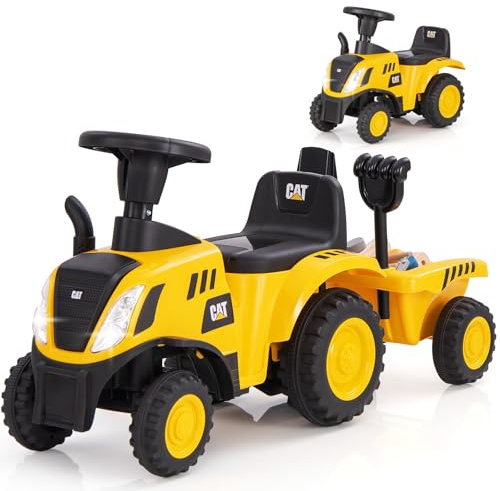 COSTWAY Kids Ride on Tractor, Licensed Caterpillar Push Car with Detachable Trailer, Horn, LED Lights, Rake & Shovel, Foot to Floor Sliding Toy for Toddlers 12-36 Months