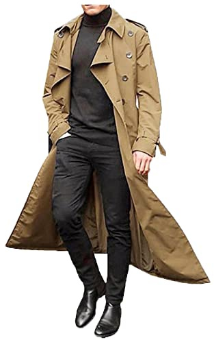 Mymyguoe Trench doppiopetto da uomo con cintura risvolto lungo cappotto giacca da lavoro primavera giacca da mezza stagione giacca a vento risvolto lunga giacca casual antivento cappotto, 01-kaki, S