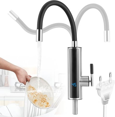 Elektrischer Wasserhahn mit Durchlauferhitzer, 3000W 360° Schwenkbar Küchenarmatur Armatur mit Integriertem Durchlauferhitzer Wasserhahn Temperaturanzeige, für Küche, Garten, Bad, Wohnwagen, Camping