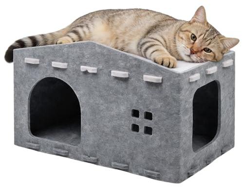 Niche Intérieur Maison pour Chat Intérieur en Feutre - Cabane Chats Rectangulaire, Grotte Chat avec Jeu Tunnel, 2 Étages pour Repos, Grand Espace, Pliable