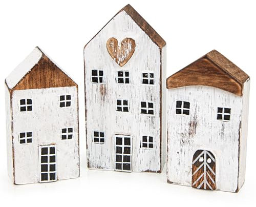 Logbuch-Verlag 3 kleine Deko Häuser aus Holz Landhaus-Stil Holzhäuser Dekoration zum Hinstellen 16 cm weiß Herz
