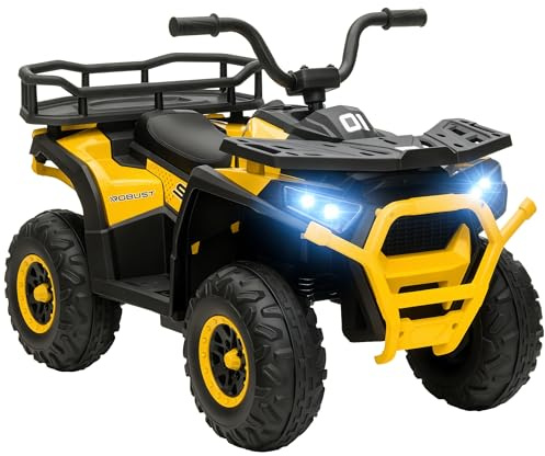 AIYAPLAY 12V Kids Electric Ride on ATV, Battery Powered Quad Bike with 4 Suspension Wheels, Forward Reverse Function, Headlights, Music, Storage Basket, for Ages 3-5 Years, Yellow