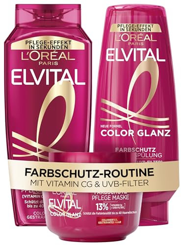L'Oréal Paris Elvital Germany's Next Topmodel Haarpflege-Routine für coloriertes und gesträhntes Haar: Color Glanz Farbschutz Set mit Shampoo 300ml, Spülung 250ml und Pflegemaske 300ml