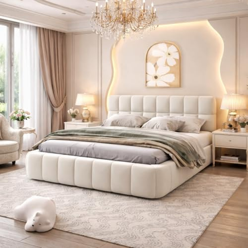 FEEOHOME Lit rembourré 140x200cm, Cadre de lit Double avec sommier à Lattes, lit Jeune à Bulles avec tête de lit rembourrée, Convient aux Matelas de 15-20cm, sans Matelas, Tissu en Lin, Beige
