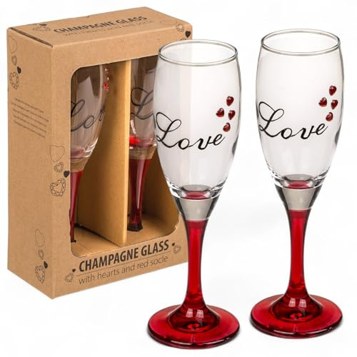 MIJOMA Set di 2 bicchieri da spumante – Love Design con cuore rosso e manico rosso – bicchieri romantici per matrimonio, San Valentino, anniversario, fidanzamento