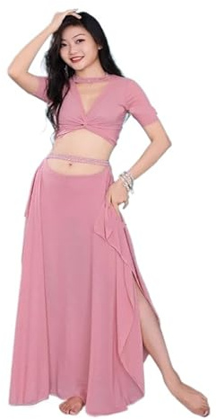 WEQYFDC Danza Ventre Abiti Costume da Danza del Ventre, Set da 2 Pezzi, Top e Gonna Sexy for Donne Adulte, Costume da Allenamento for spettacoli sul palco per Danza del Ventre(Pink,S)