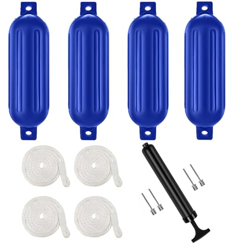 NEWFUN 4X Fender Boot,Bootsfender,50 * 14cm Kotflügelsatz Mit Kotflügelleitungen, Einschließlich Pumpe, Vier Luftbolzen, Antikollisionsschutz, Geeignet für Boote von 3 bis 6 Metern PVC